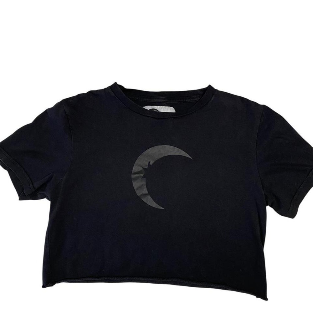 Zyia Active Black cotton crop top with a crescent moon design